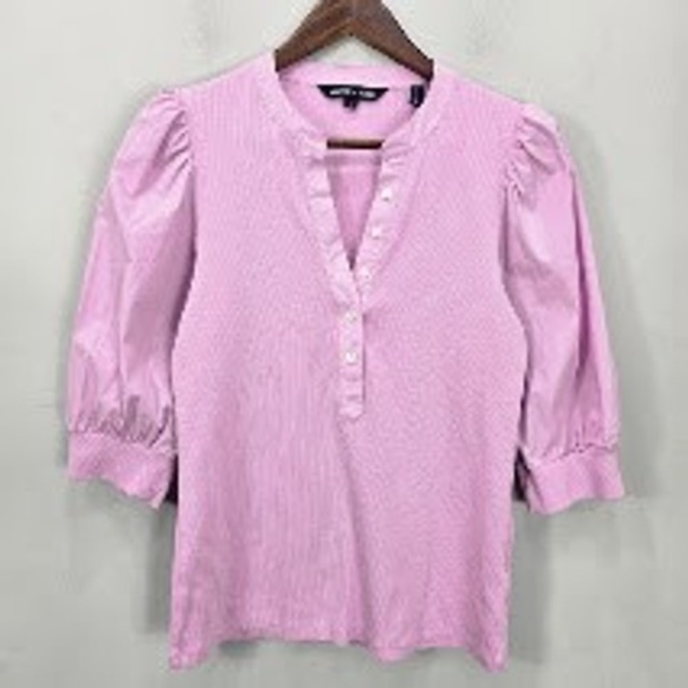 Veronica Beard Coralee Puff Sleeve Top M Lavender Knit Henley Pima Cotton